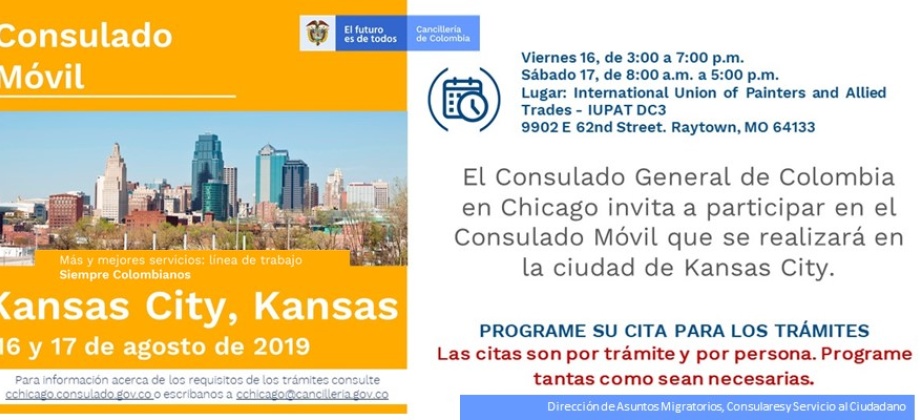 Consulado de Colombia en Chicago realizará la jornada móvil el 16 y 17 de agosto de 2019 en Kansas City
