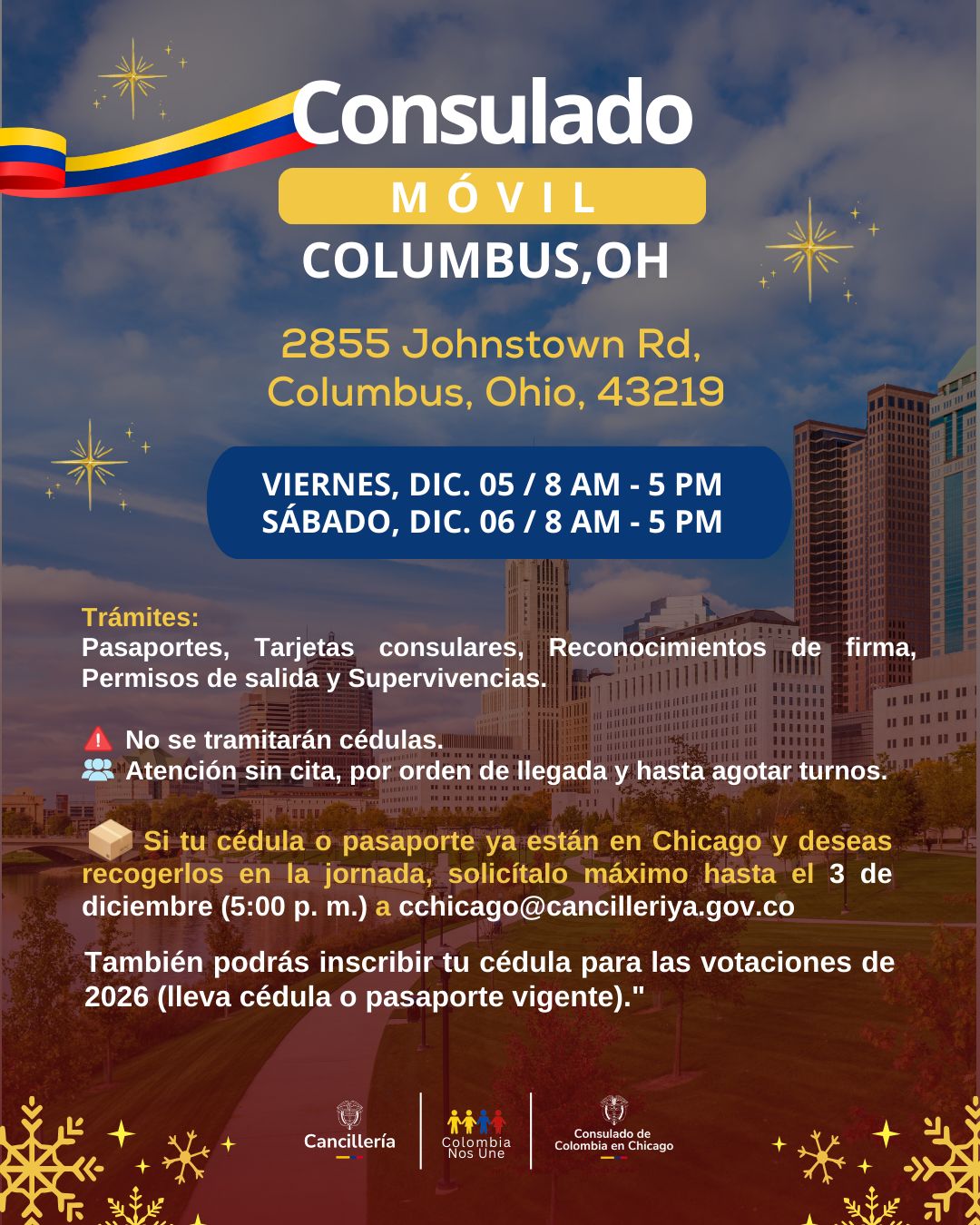 El Consulado General de Colombia en Chicago realizará el Consulado Móvil en Columbus, Ohio, los días 5 y 6 de diciembre de 2025 para que los connacionales puedan realizar sus trámites.