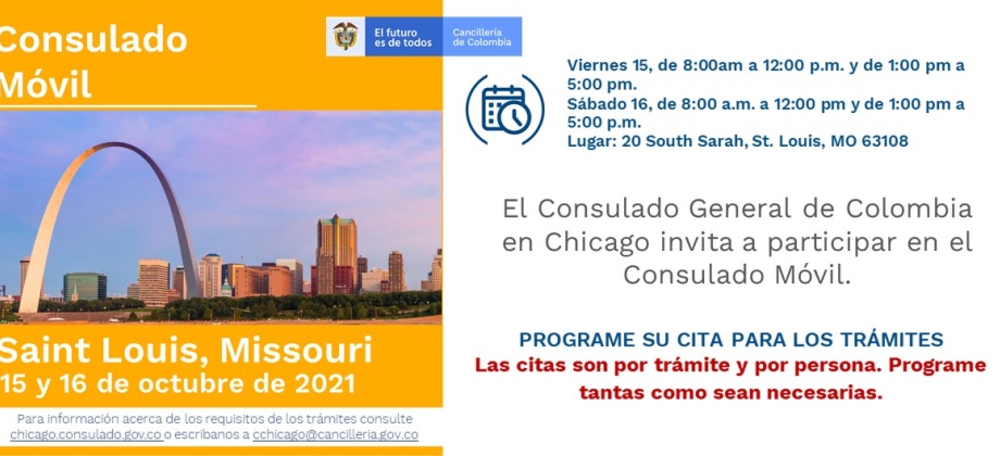 El Consulado General de Colombia en Chicago invita a participar en el Consulado Móvil en Saint Louis, Missouri