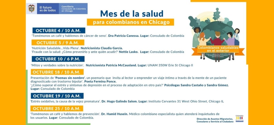 Gráfico con la programación del 'Mes de la salud para colombianos en Chicago" realizado por el Consulado de Colombia