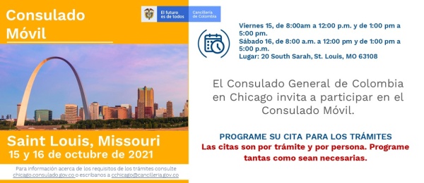 El Consulado General de Colombia en Chicago invita a participar en el Consulado Móvil en Saint Louis, Missouri