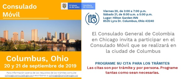 El Consulado de Colombia en Chicago realizará una jornada móvil en Columbus (Ohio), los días 20 y 21 de septiembre de 2019