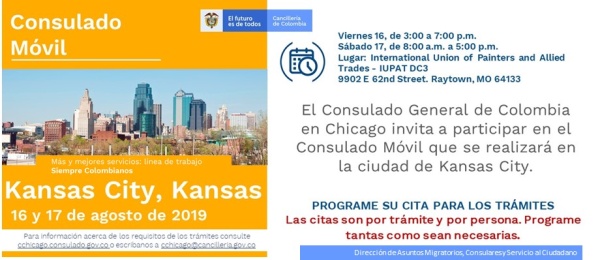 Consulado de Colombia en Chicago realizará la jornada móvil el 16 y 17 de agosto de 2019 en Kansas City